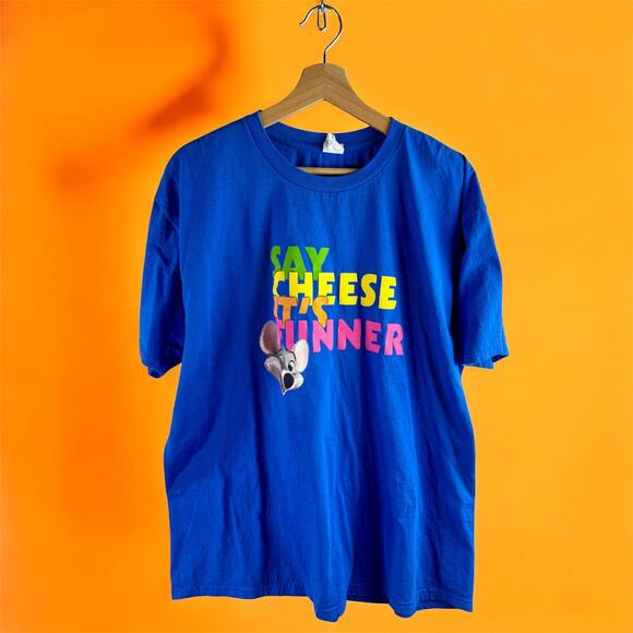Chuck E Cheese Adult XL Blue 100% Cotton SAY CHEESE IT'S FUNNER S/S Shirt - Picture 1 of 7